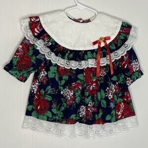 Vintage Girls Floral Lace Cottage Core Prairie Dress Made In USA Size 18M